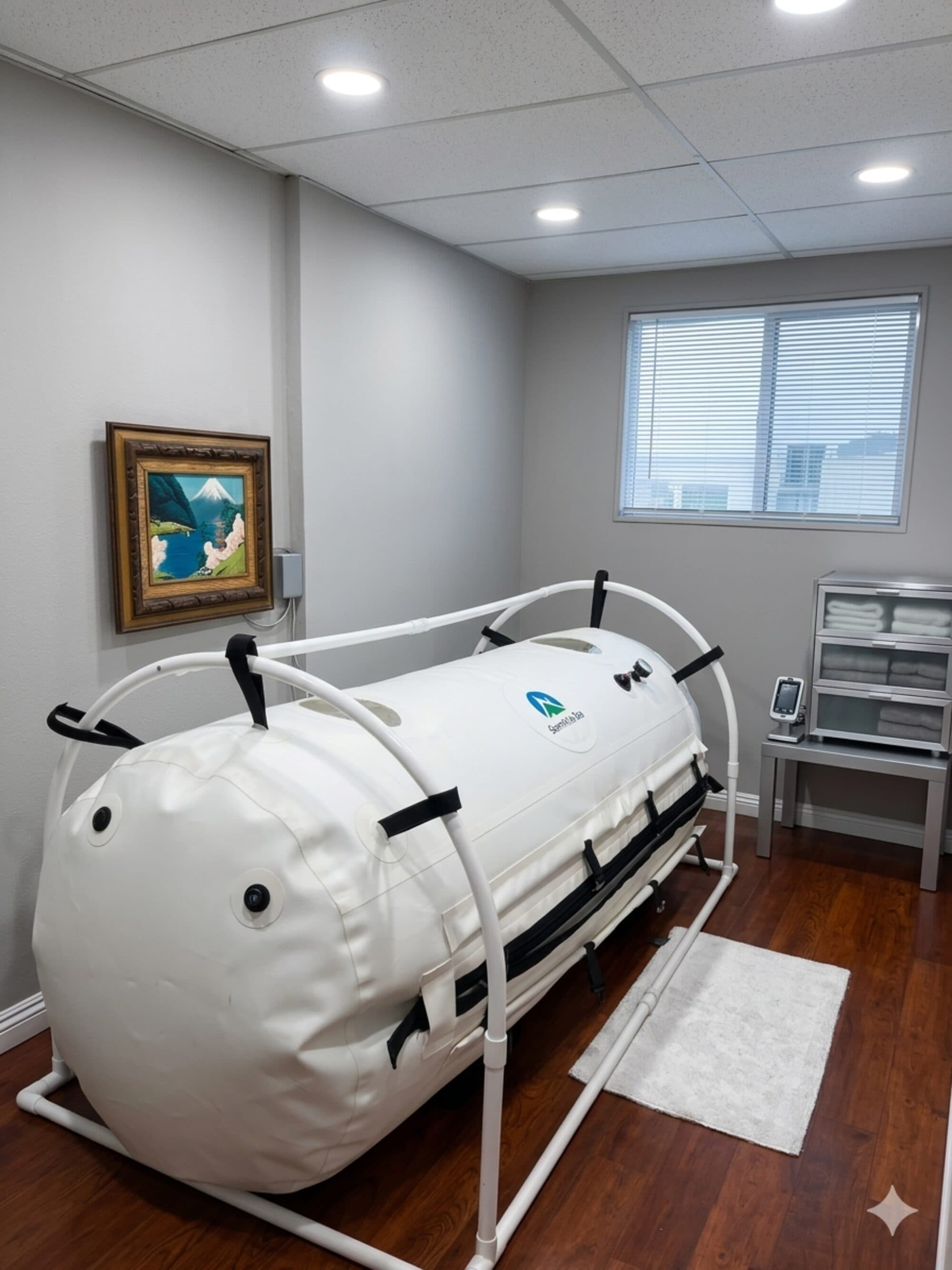Hyperbaric oxygen chamber in a treatment room at Trinity Naturopathic