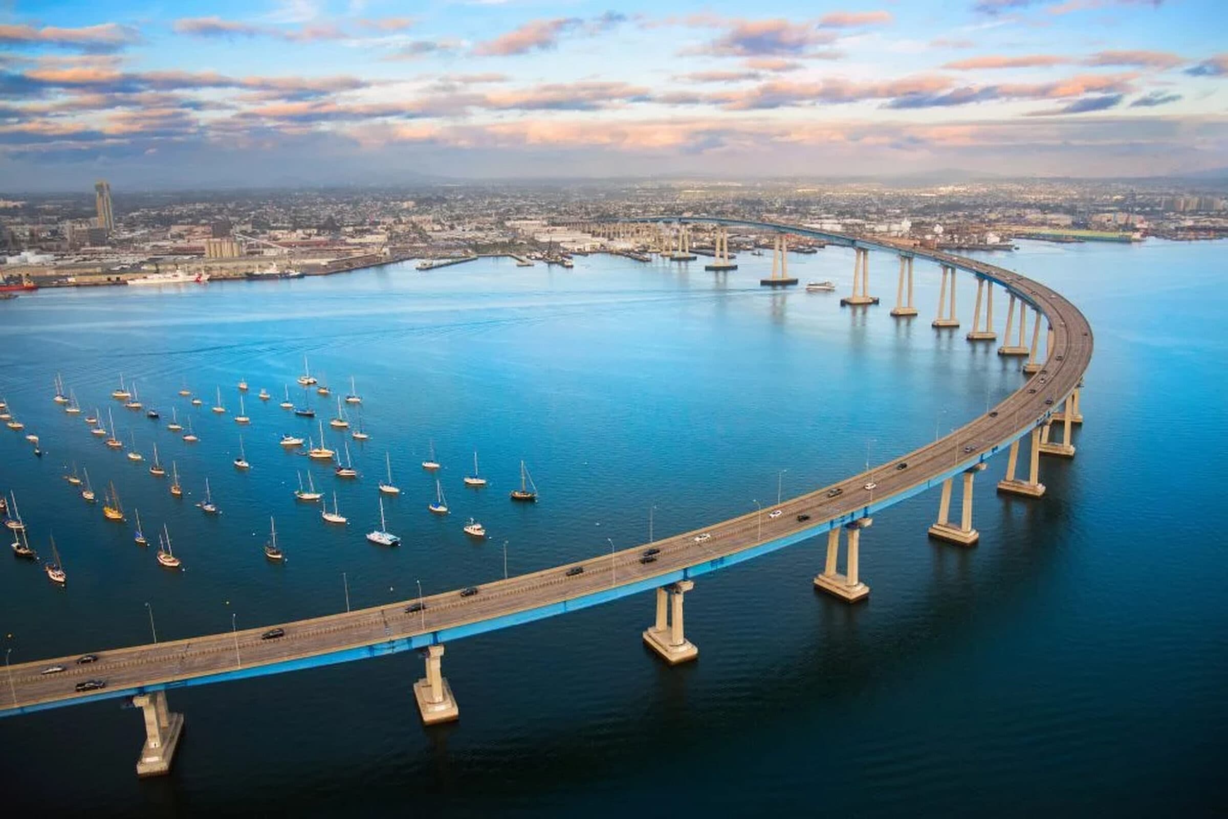 Aerial view of the Coronado Bay Bridge at golden hour